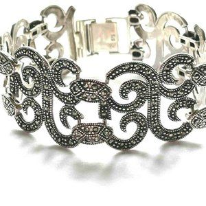 925 Sterling Natural Marcasite Gemstone Swirl Design Wide Link Bracelet